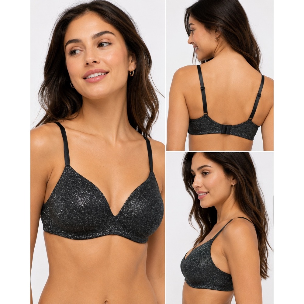 b.tempt'd Bra Womens 36C Black Silver Shimmer Wireless Lightly Lined T-Shirt